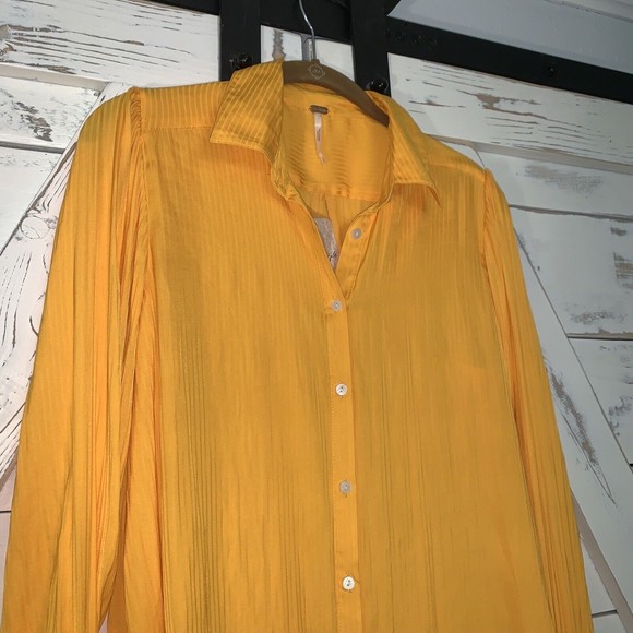 FREE PEOPLE Serena Silky Stripe Shirt carrot ginger yellow Long Sleeve Blouse - Picture 3 of 12